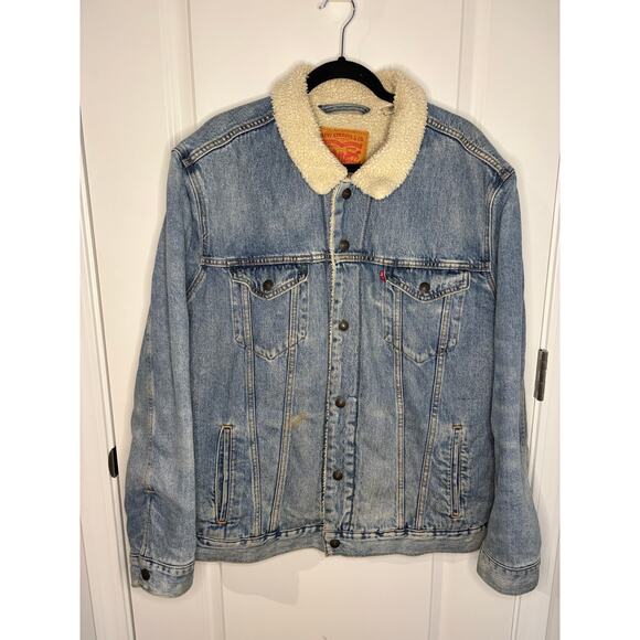 Levi’s Sherpa Trucker Denim Jacket Light Wash Shearling Lined Men’s XXL - Picture 5 of 7
